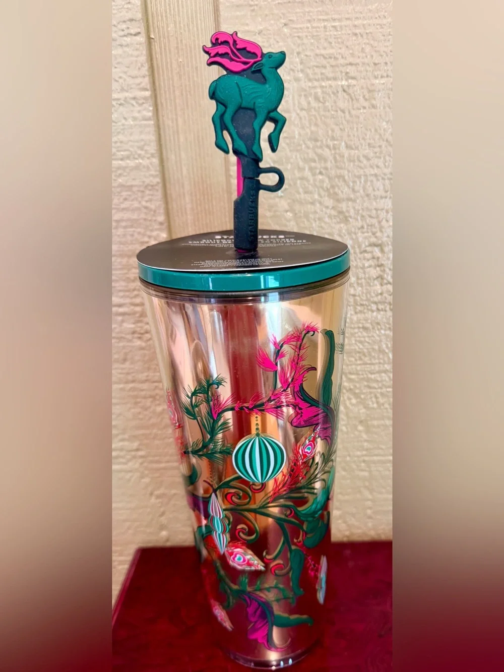 Starbucks 2024 Holiday 24 oz Cold Cup Tumbler w/ Reindeer Straw Topper - New